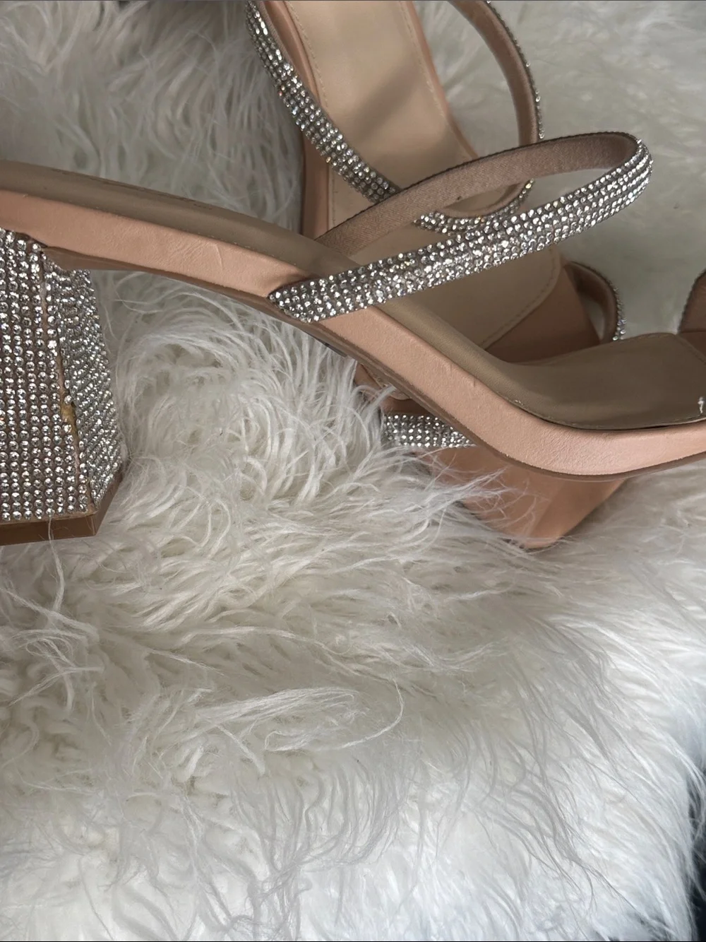 Qupid Nude Rhinestone Double-Strap Block Heel Sandals Call Out missing stones